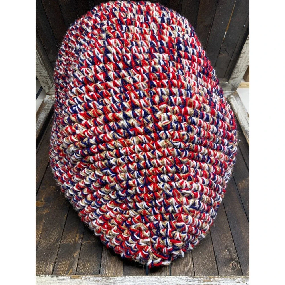 Handmade Crochet Red White Blue Cat Cave Pod Bed Hideaway Warm With Crochet Pad